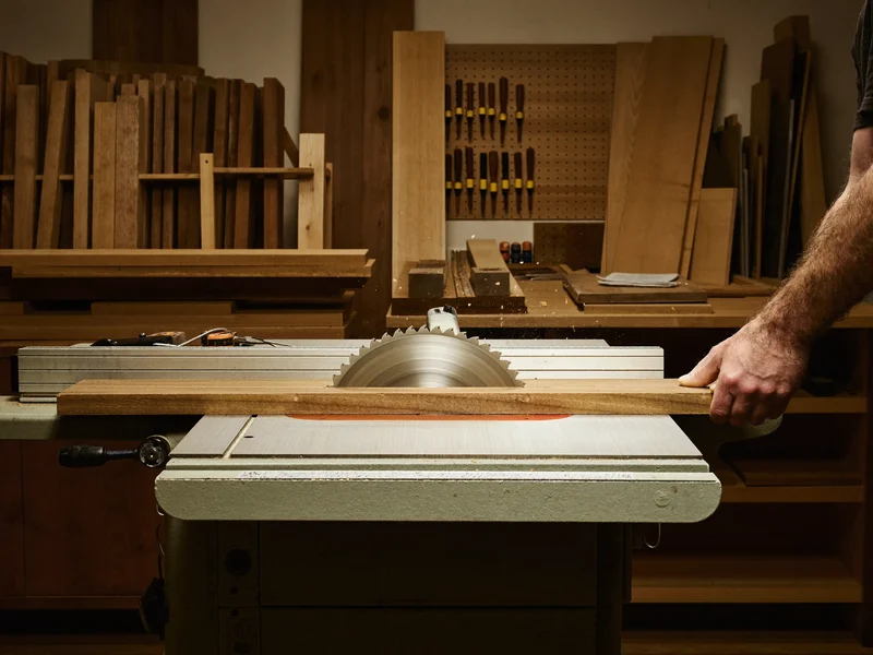 Mâini de tâmplar ghidând o scândură de stejar printr-un fierăstrău panglică în atelier